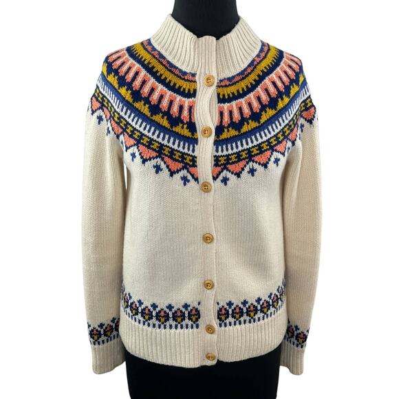 Lands' End Canvas Beige Multicolor Fair Isle Wool Button-Up Mock Neck Sweater XS - Picture 1 of 10